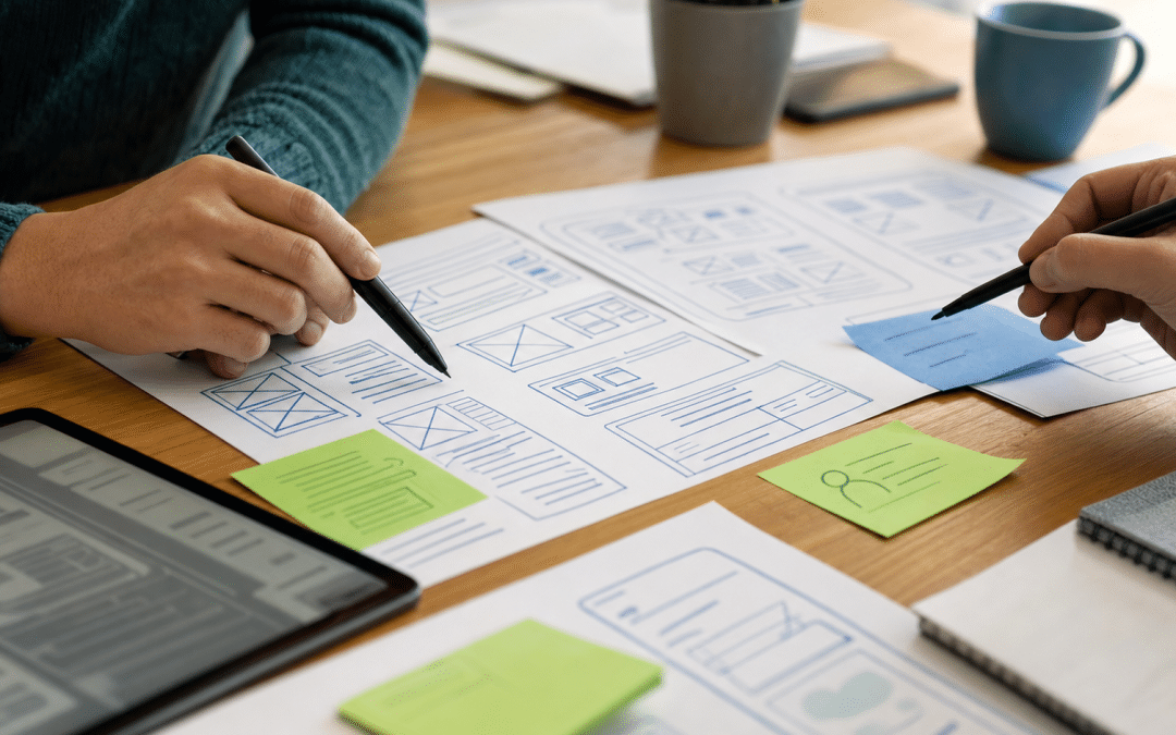 website usability testing guide — annotated wireframe diagrams on a desk with sticky notes