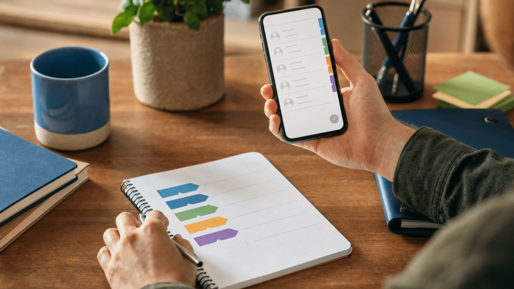 whatsapp business contact organisation guide - business owner reviewing labelled contact pipeline on smartphone