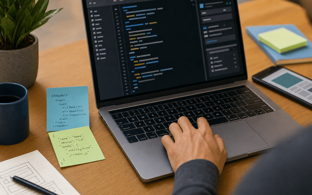 wordpress block theme vs classic theme comparison — developer reviewing WordPress theme files at a desk
