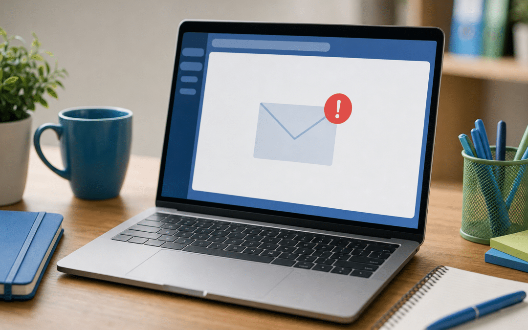 wordpress contact form not sending email — laptop showing empty inbox with error notification