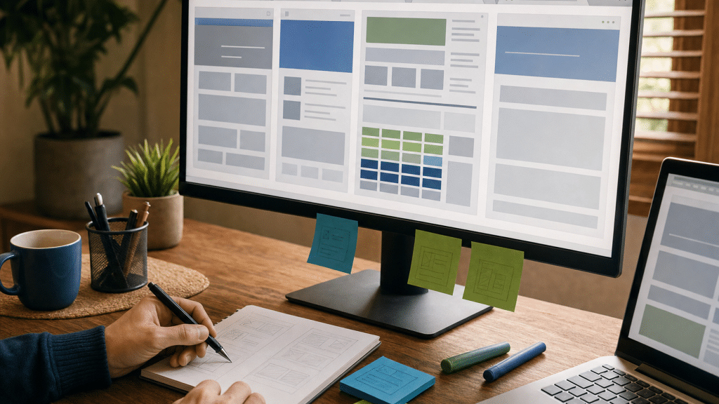 wordpress page builders comparison — web designer reviewing layout options at desktop