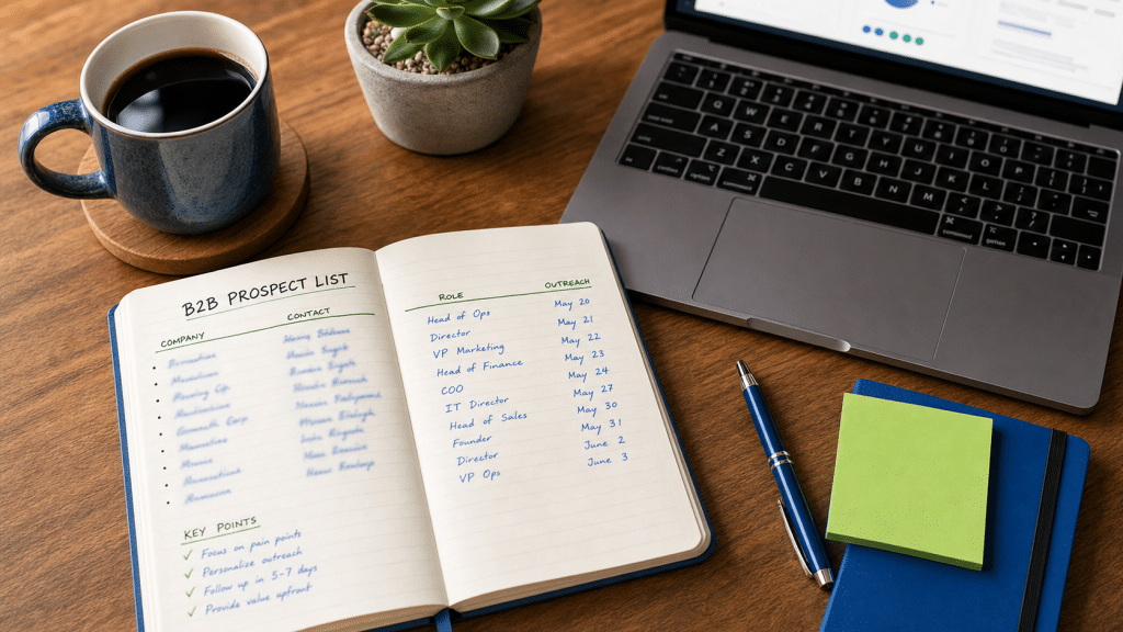 ai lead generation South Africa flat-lay with prospect list notebook and laptop on wooden desk