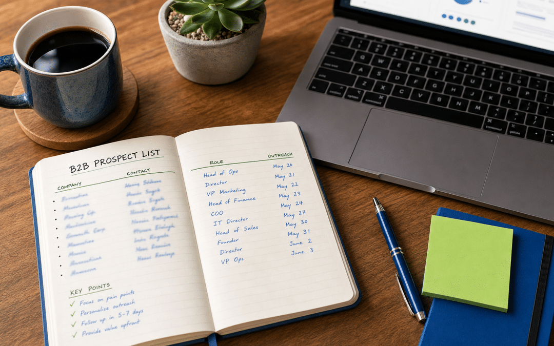 ai lead generation South Africa flat-lay with prospect list notebook and laptop on wooden desk