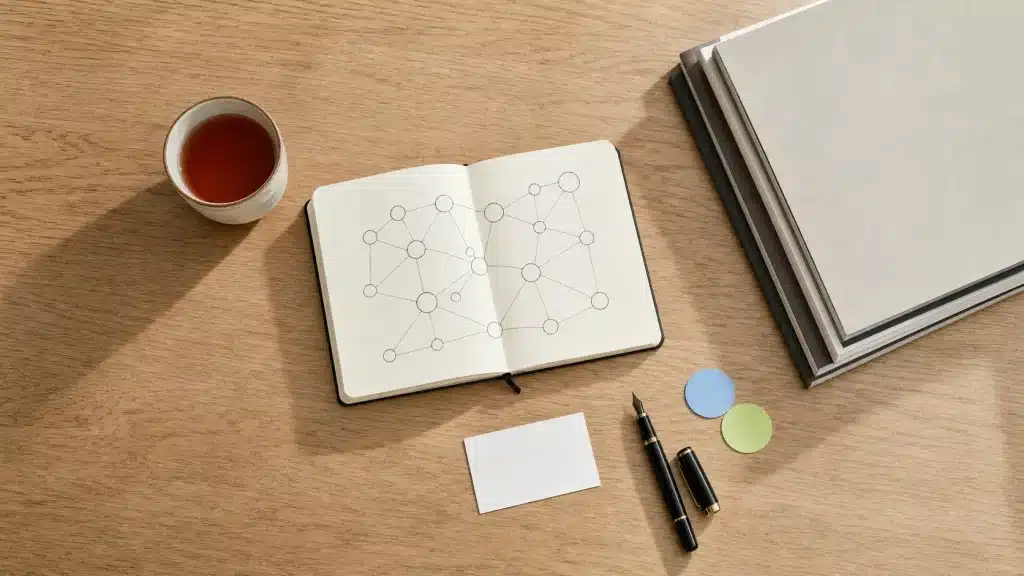 ai search author entity signals — notebook with a hand-drawn entity network beside a blank business card and pen