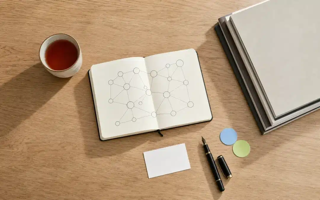 ai search author entity signals — notebook with a hand-drawn entity network beside a blank business card and pen