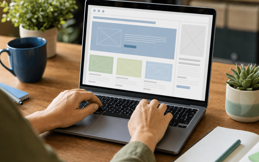 ai website builders — over-the-shoulder view of hands on a laptop showing a website wireframe on screen