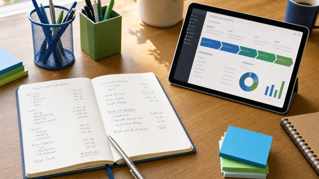 appointment setting cost South Africa — professional desk with cost calculation notebook and sales pipeline dashboard