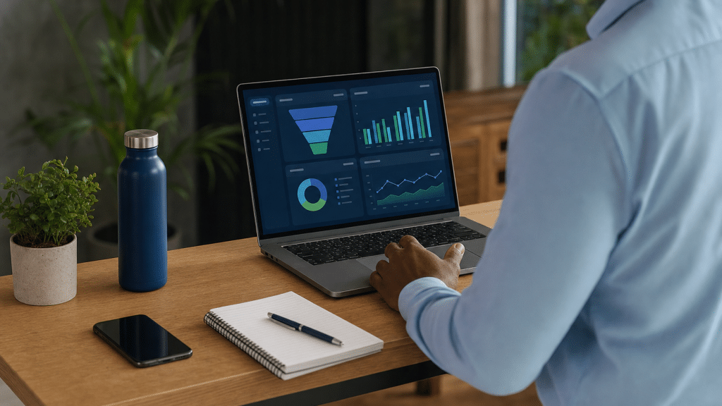 b2b lead generation trends 2027 reviewed by a business professional on a laptop at a standing desk
