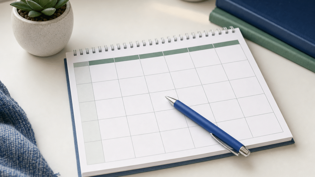 calendly wordpress embed — printed appointment calendar on a clean white desk with blue pen and green succulent accent