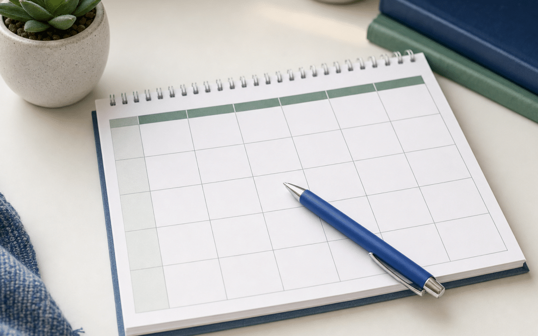 calendly wordpress embed — printed appointment calendar on a clean white desk with blue pen and green succulent accent