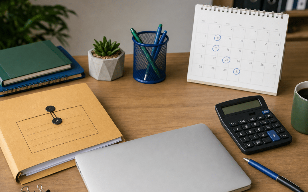CRM for accounting firms: flat-lay of a client file, calendar and calculator on an accountant's desk