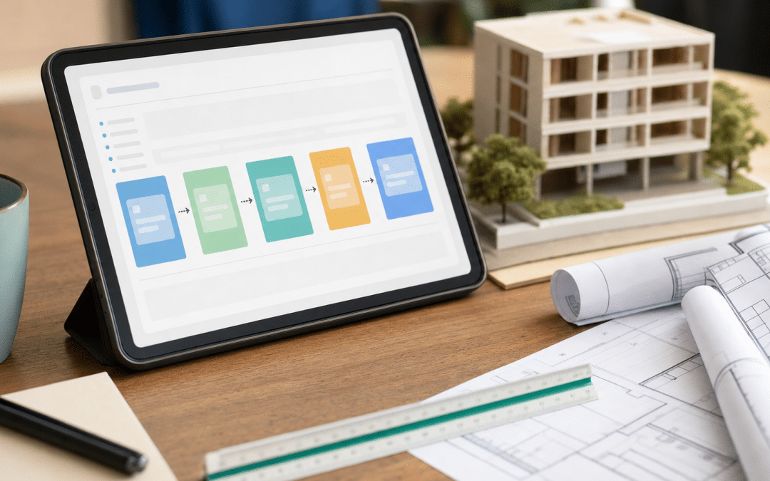 CRM for architects pipeline on a tablet next to rolled drawings and a building model