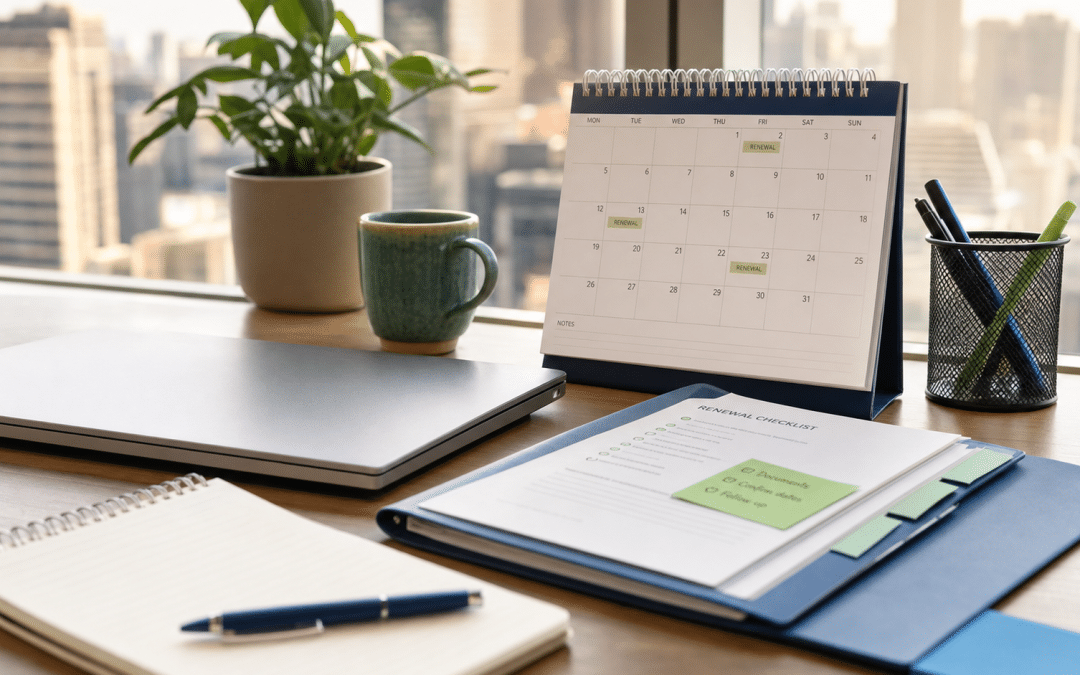 CRM for BEE consultants: desk with renewal calendar, folder and notebook in a Johannesburg office