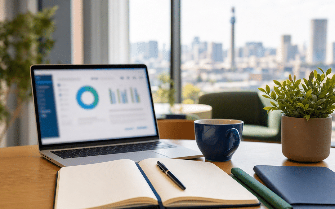 CRM for consulting firms: laptop and notebook on a consultant's desk in a South African office