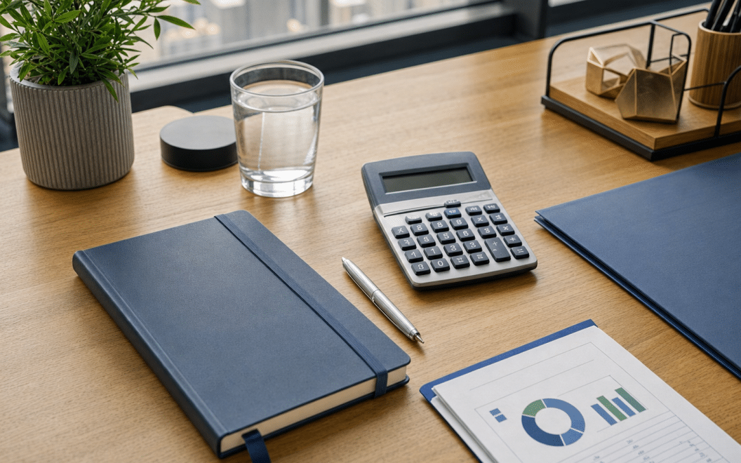 CRM for financial advisors: flat-lay of an adviser's desk with notebook, calculator and blue folder