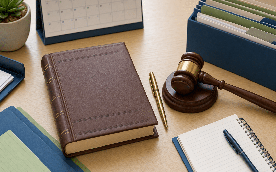 CRM for law firms: flat-lay of law reports, gavel, client folders and calendar on an attorney's desk
