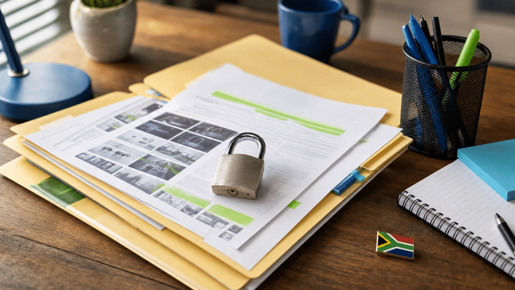Database marketing popia compliance — printed contact folders with a privacy padlock on a South African office desk