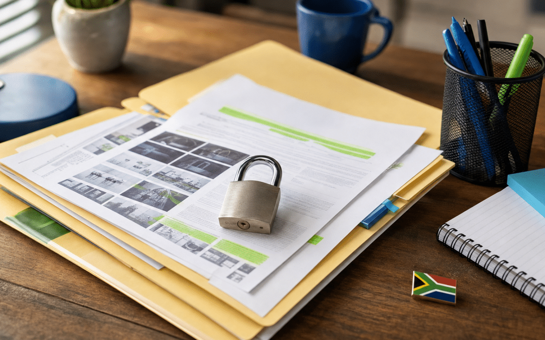 Database marketing popia compliance — printed contact folders with a privacy padlock on a South African office desk