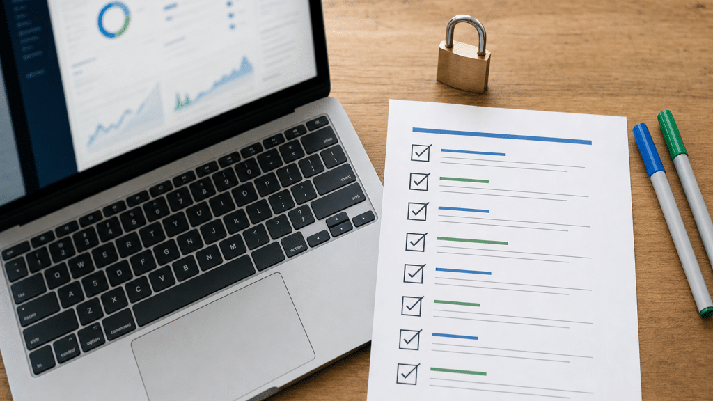 ecommerce website requirements South Africa — compliance checklist and laptop flat-lay