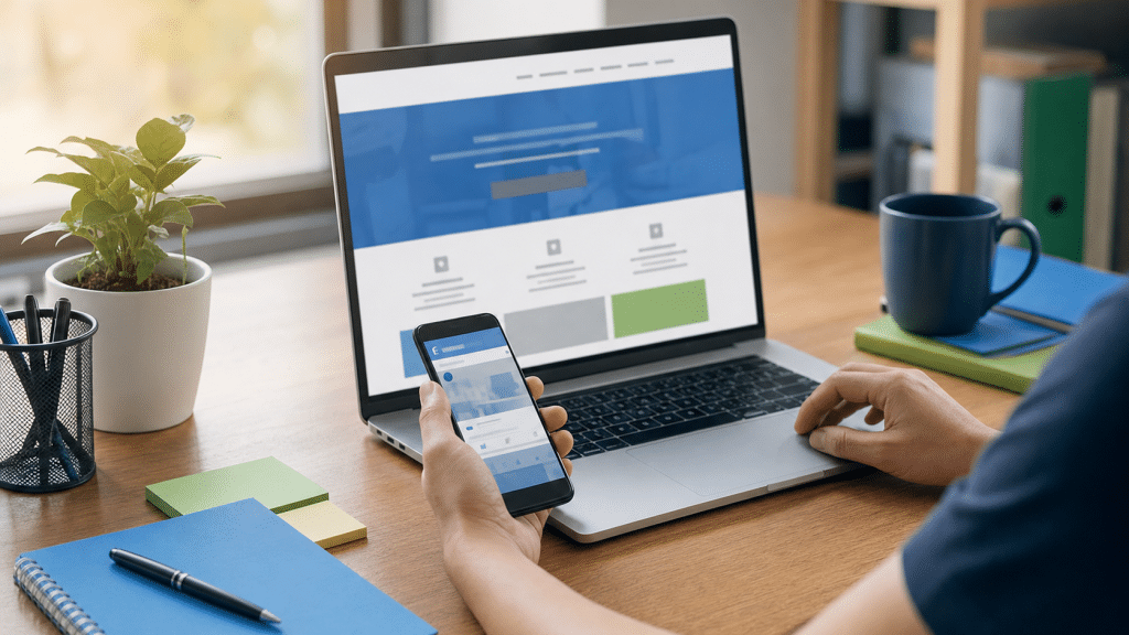 facebook page vs website — South African business owner reviewing options on smartphone and laptop