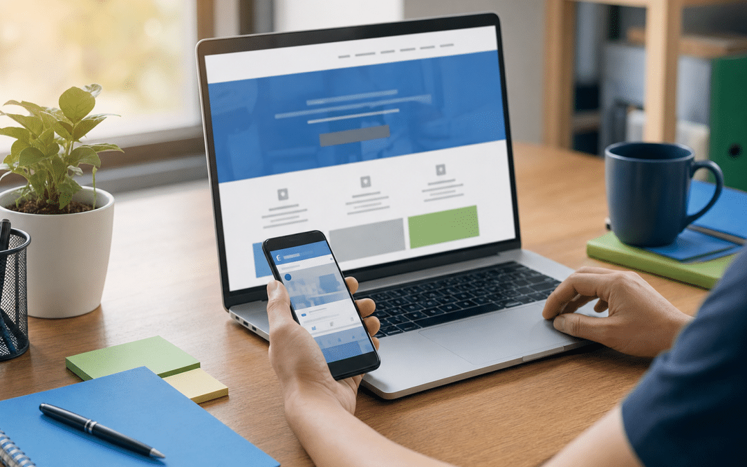 facebook page vs website — South African business owner reviewing options on smartphone and laptop