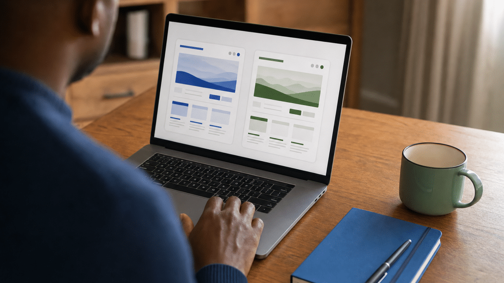 google sites vs wix comparison — South African business owner reviewing website builder options at a desk