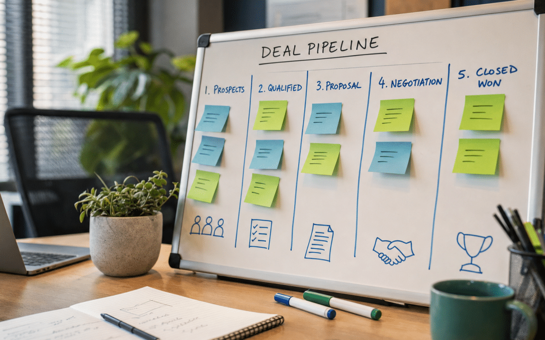HubSpot required deal properties planned on a whiteboard pipeline with stage columns