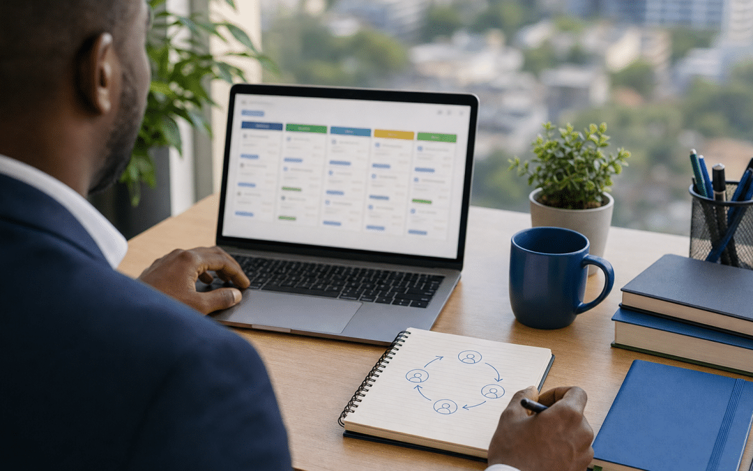 HubSpot round robin lead assignment workflow reviewed by a sales manager at a desk