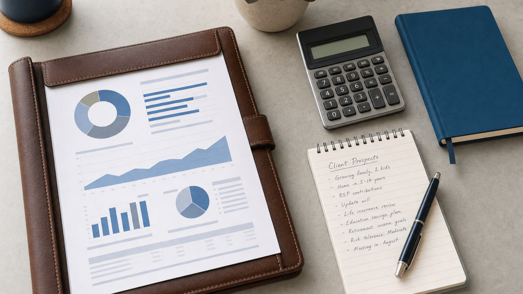 lead generation for accounting firms — flat-lay of financial documents, calculator and client prospect notes on a desk