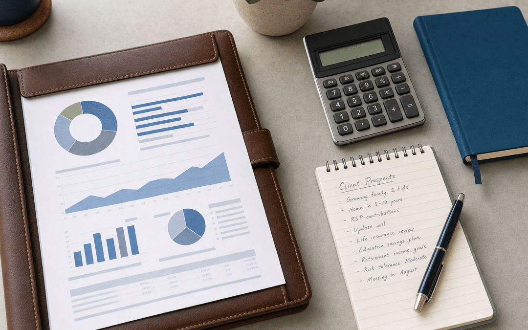 lead generation for accounting firms — flat-lay of financial documents, calculator and client prospect notes on a desk