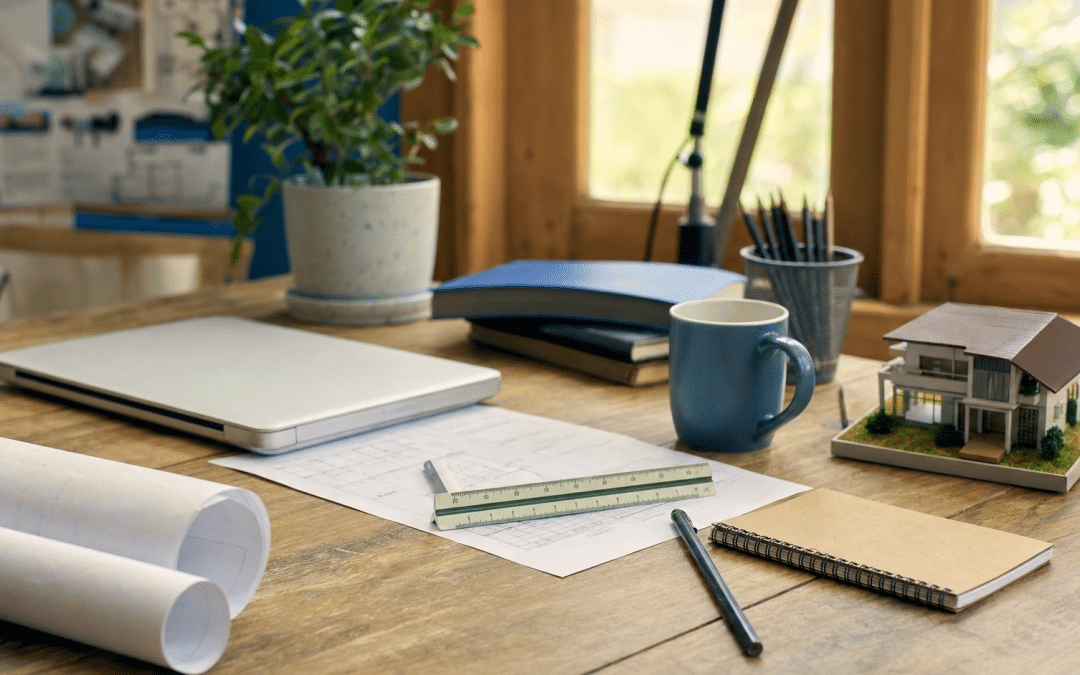 Lead generation for architects in South Africa, desk with drawings, scale ruler and house model