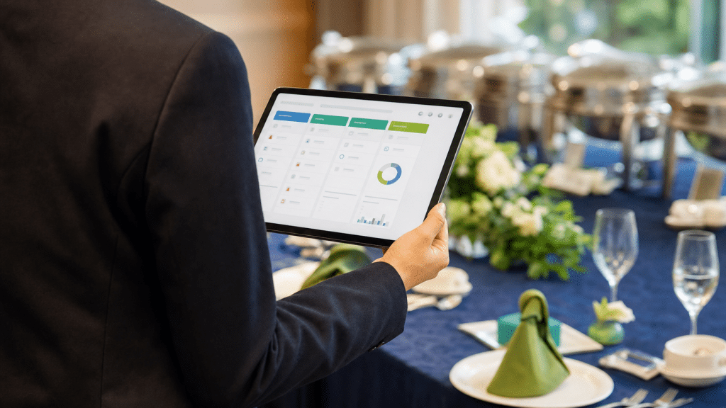 lead generation for catering companies — professional reviewing a client prospect pipeline at a corporate event venue