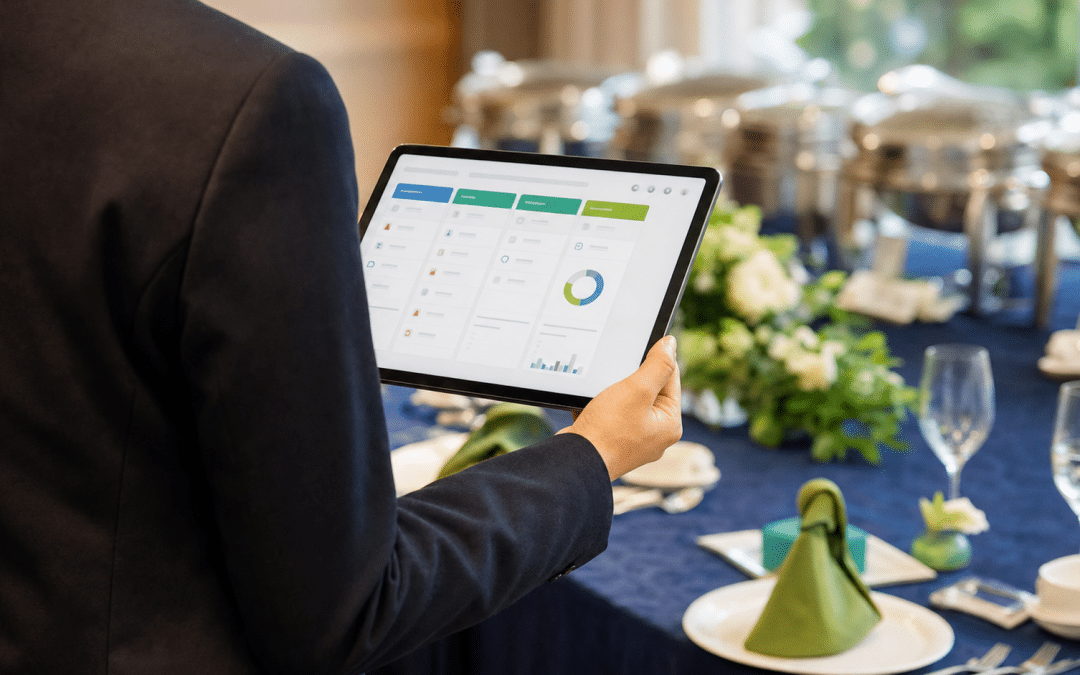 lead generation for catering companies — professional reviewing a client prospect pipeline at a corporate event venue