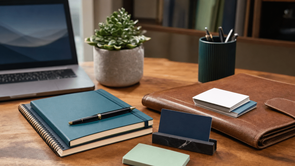 lead generation for consulting firms — professional notebooks and portfolio arranged on a desk