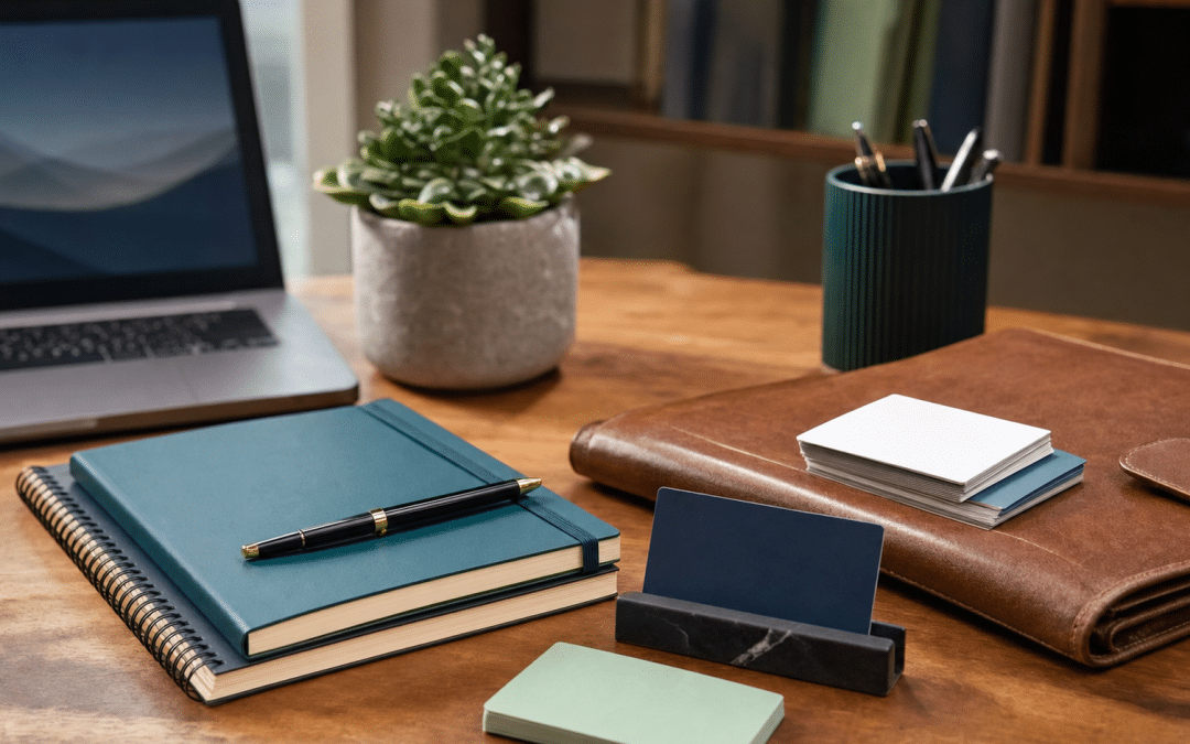 lead generation for consulting firms — professional notebooks and portfolio arranged on a desk