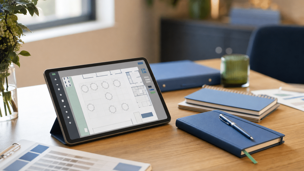 lead generation for event companies — event planning desk with tablet and branded notebook