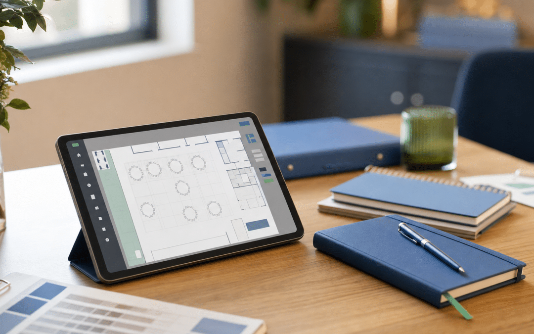 lead generation for event companies — event planning desk with tablet and branded notebook