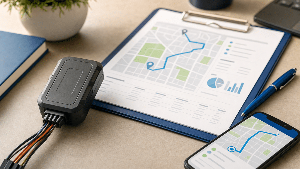 lead generation for fleet management flat-lay with GPS tracker and route planning materials