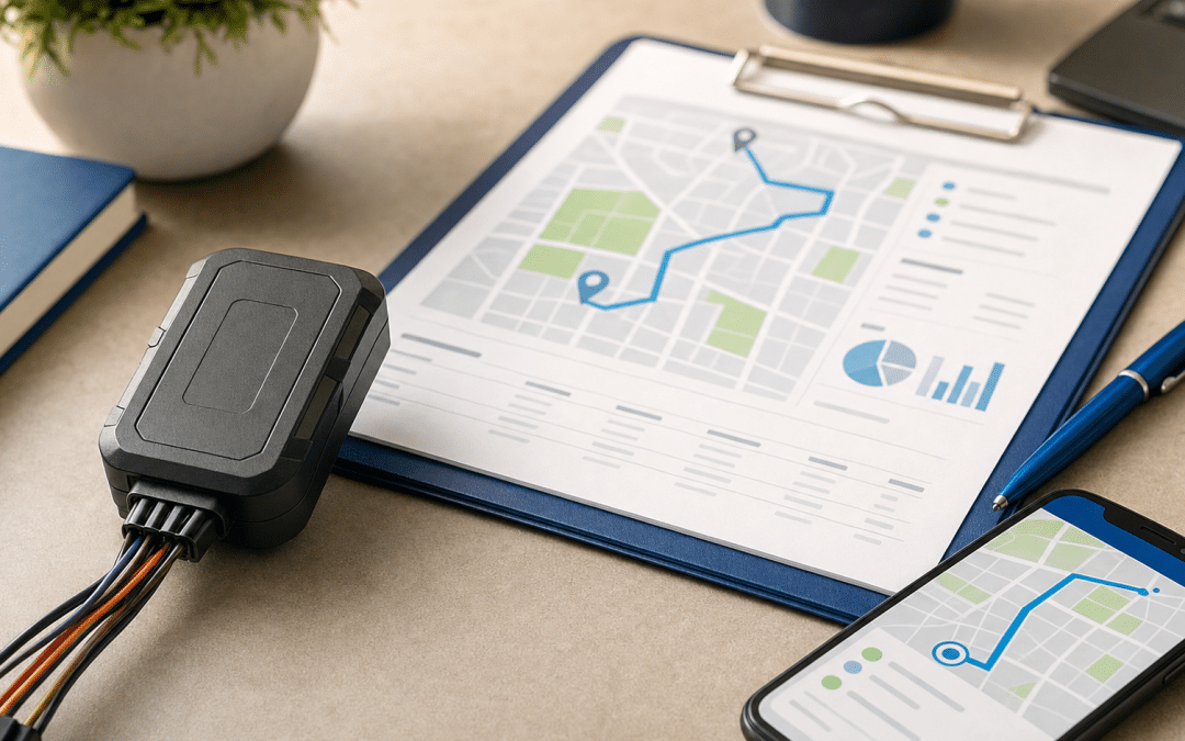 lead generation for fleet management flat-lay with GPS tracker and route planning materials