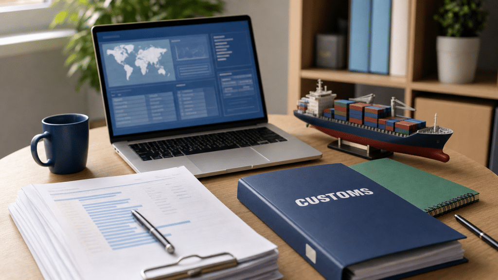 lead generation for freight forwarders — desk with laptop, shipping manifests and model cargo ship