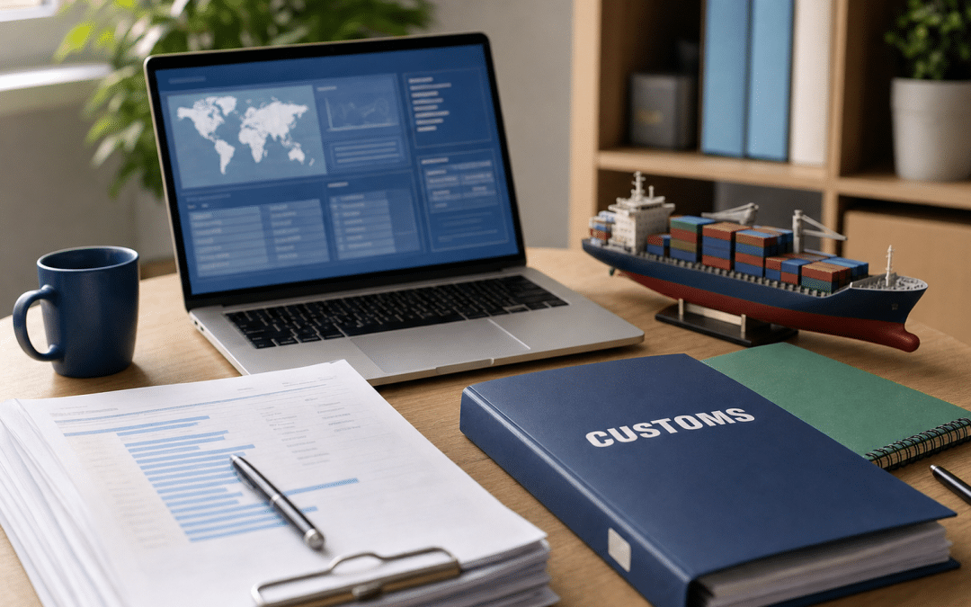 lead generation for freight forwarders — desk with laptop, shipping manifests and model cargo ship