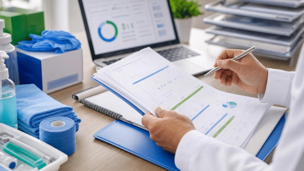 lead generation for medical suppliers — professional reviewing procurement documents alongside medical equipment samples, blue and green accent items, warm natural lighting