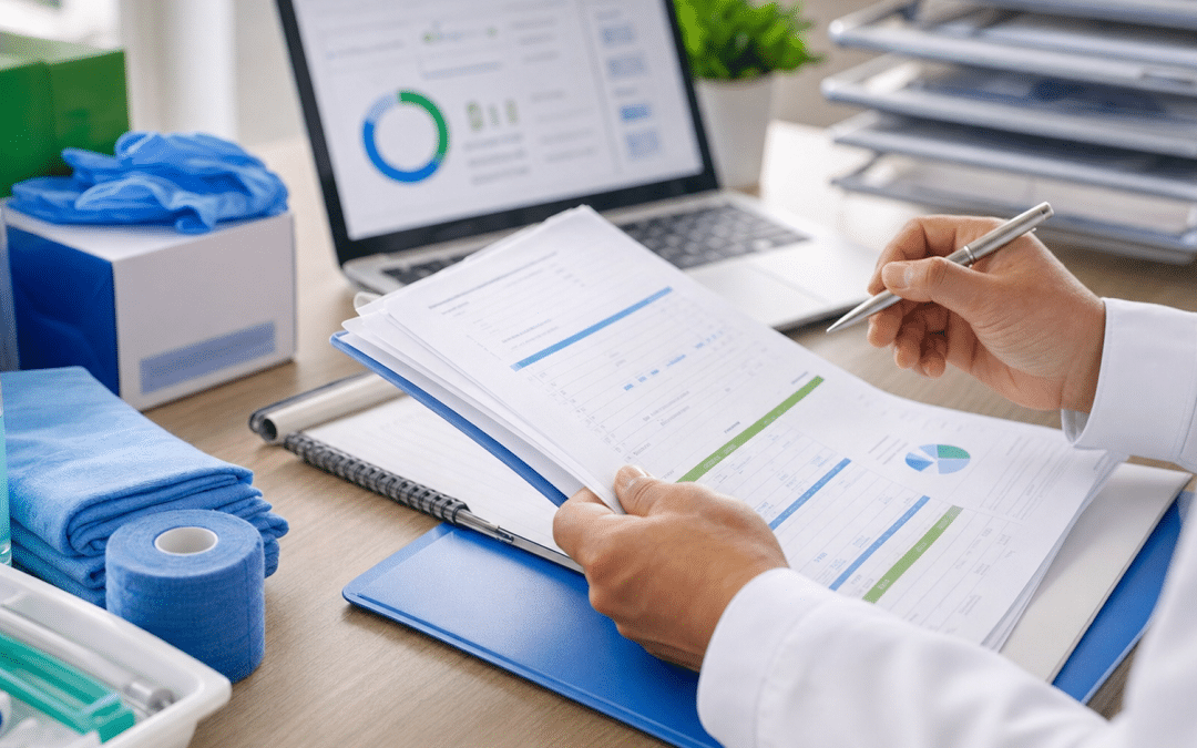 lead generation for medical suppliers — professional reviewing procurement documents alongside medical equipment samples, blue and green accent items, warm natural lighting