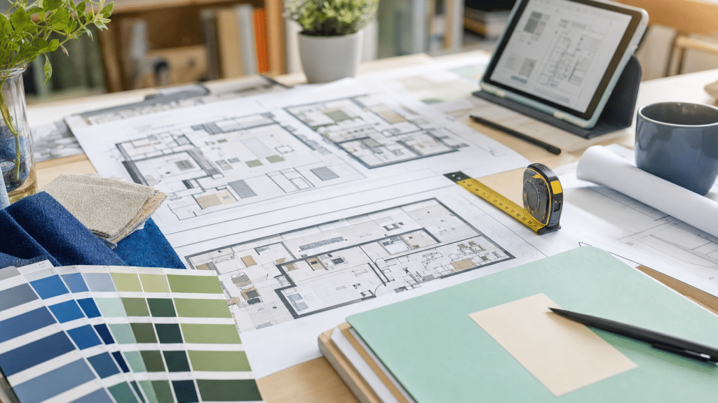 lead generation for office fitout companies — office design blueprints and fabric samples on a desk