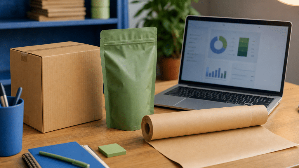 lead generation for packaging suppliers — corrugated box and packaging materials on a desk beside a laptop