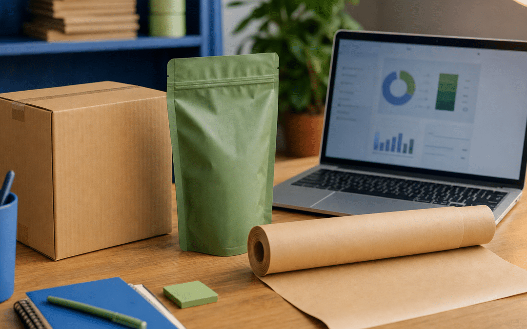 lead generation for packaging suppliers — corrugated box and packaging materials on a desk beside a laptop