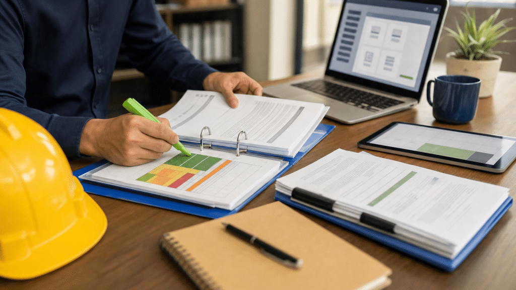 lead generation for safety consultants — OHS compliance documents, risk assessment binder, and yellow hard hat on a desk
