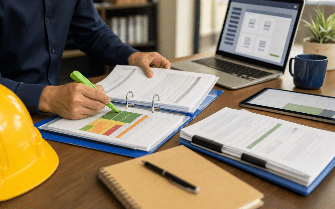 lead generation for safety consultants — OHS compliance documents, risk assessment binder, and yellow hard hat on a desk