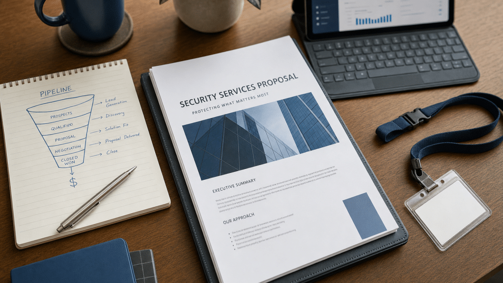 lead generation for security companies South Africa — professional desk flat-lay with security proposal and pipeline notes