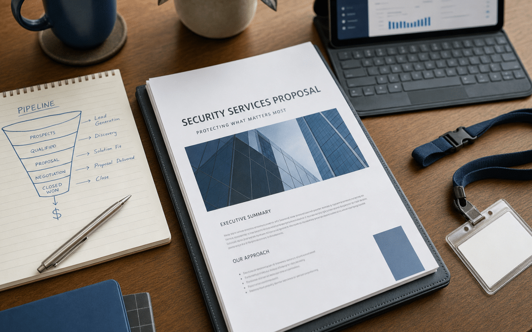lead generation for security companies South Africa — professional desk flat-lay with security proposal and pipeline notes